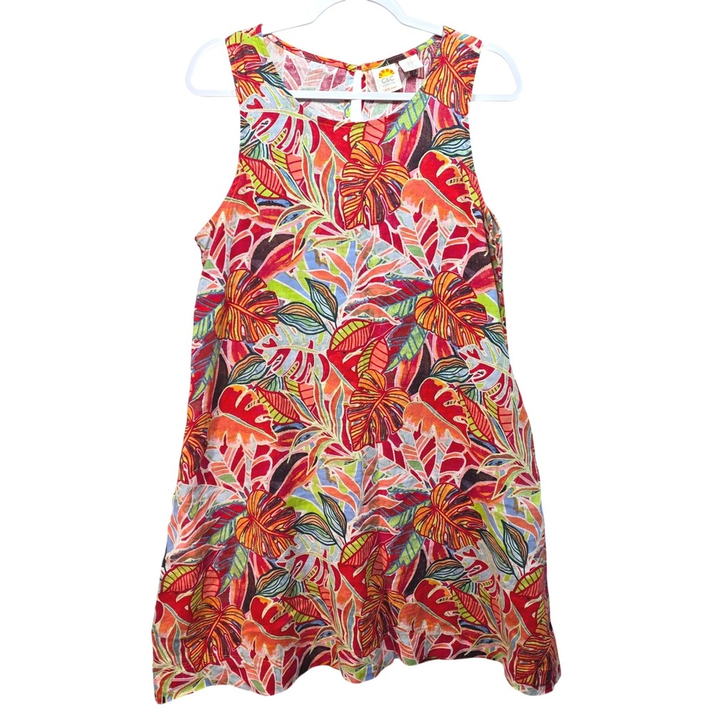 C and C California All Linen Dress Sz M Tropical Floral Sleeveless Shift Multi